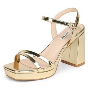 Platform Heels, 3.5 Inch Chunky Block Heel Ankle Strap Sandals, Gold, 6.5